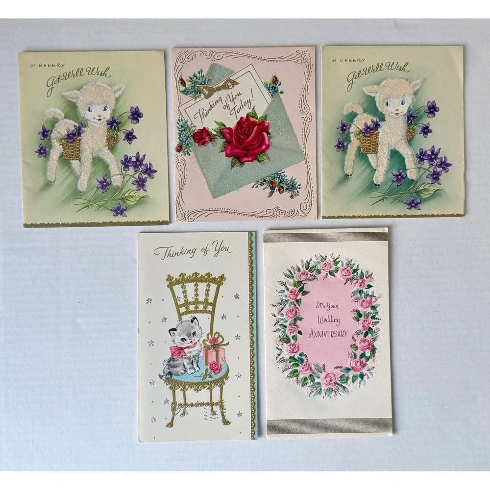 Lot 14 Vintage Mid Century Greeting Cards Unused 9 Envelopes Animals Floral MCM
